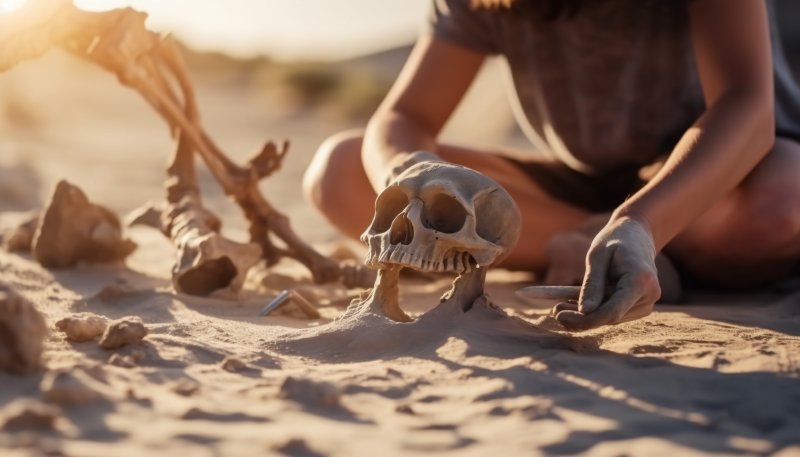 An archaeologist excavating a human ancestor’s skull